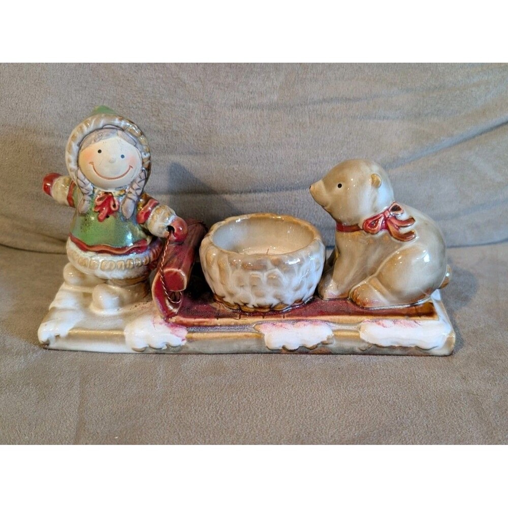 yankee candle Tea light Holder Girl, Polar Bear & Sled 8” X 4.75”
